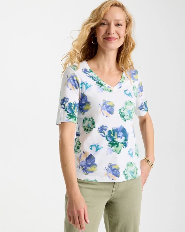 Printed Cotton Slub V-Neck Tee